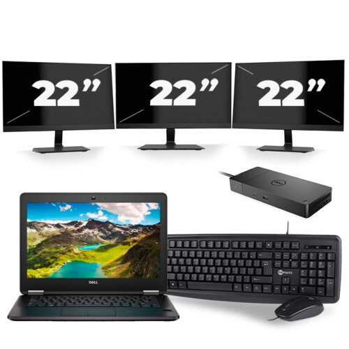 Refurbished Dell Latitude E7270 - Intel Core i7-6e Generatie - 12 inch - 8GB RAM - 256GB SSD - Windows 11 + 3x 22 inch Monitor
