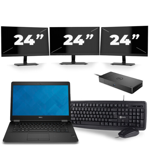 Refurbished Dell Latitude E7470 - Intel Core i5-6e Generatie - 14 inch - 8GB RAM - 256GB SSD - Windows 11 + 3x 24 inch Monitor