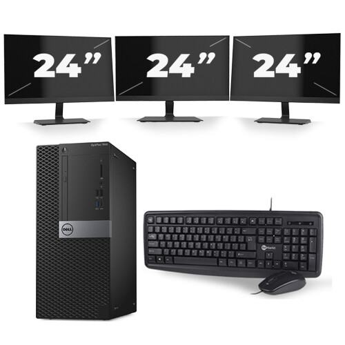 Refurbished Dell Optiplex 7050 Tower - Intel Core i5-6e Generatie - 8GB RAM - 256GB SSD - Windows 11 + 3x 24 inch Monitor