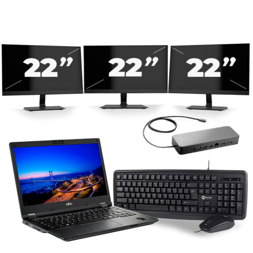 Refurbished Fujitsu LifeBook E549 - Intel Core i5-8e Generatie - 14 inch - 8GB RAM - 256GB SSD - Windows 11 + 3x 22 inch Monitor