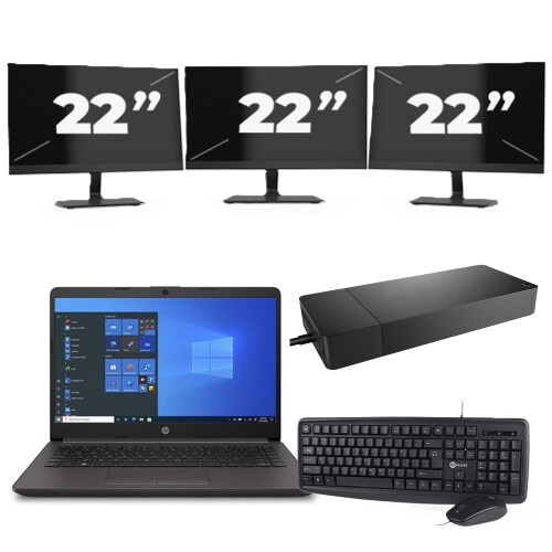 Refurbished HP 240 G8 - Intel Core i3-10e Generatie - 14 inch - 8GB RAM - 256GB SSD - Windows 11 Home + 3x 22 inch Monitor