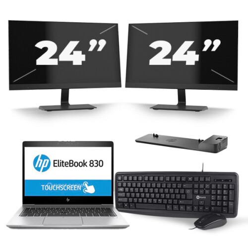Refurbished HP EliteBook 830 G5 - Intel Core i5-8e Generatie - 13 inch - 16GB RAM - 256GB SSD - Windows 11 + 2x 24 inch Monitor