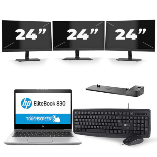 Refurbished HP EliteBook 830 G5 - Intel Core i5-8e Generatie - 13 inch - 16GB RAM - 256GB SSD - Windows 11 + 3x 24 inch Monitor