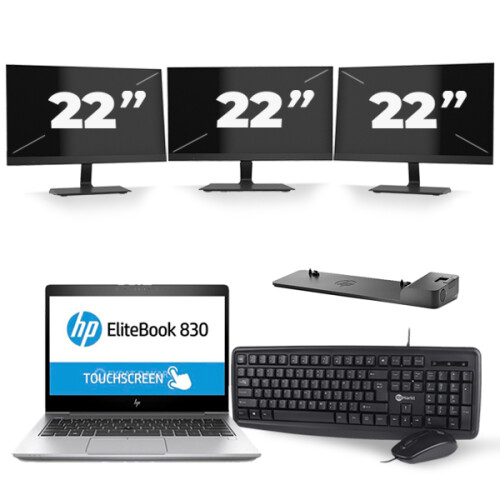 Refurbished HP EliteBook 830 G5 - Intel Core i7-8e Generatie - 13 inch - 16GB RAM - 256GB SSD - Windows 11 + 3x 22 inch Monitor
