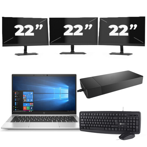 Refurbished HP EliteBook 835 G7 - AMD Ryzen 3 Pro 4450U - 13 inch - 8GB RAM - 256GB SSD - Windows 10 Home + 3x 22 inch Monitor