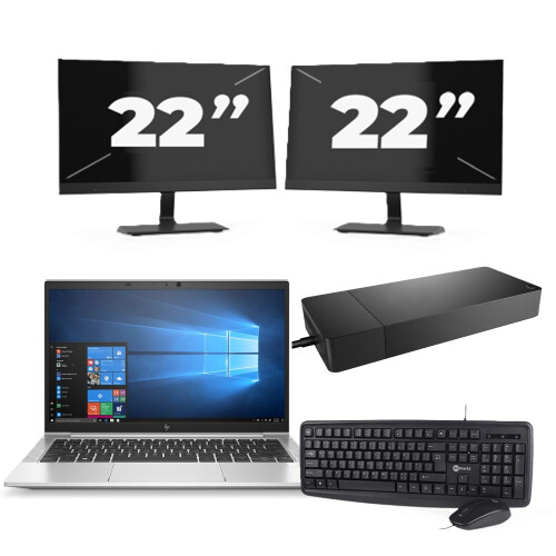 Refurbished HP EliteBook 835 G7 - AMD Ryzen 3 Pro 4450U - 13 inch - 8GB RAM - 256GB SSD - Windows 10 Home + 2x 22 inch Monitor