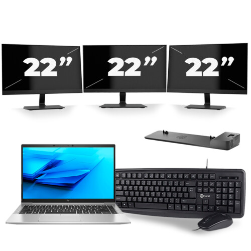 Refurbished HP EliteBook 840 G7 - Intel Core i5-10e Generatie - 14 inch - 8GB RAM - 256GB SSD - Windows 11 + 3x 22 inch Monitor