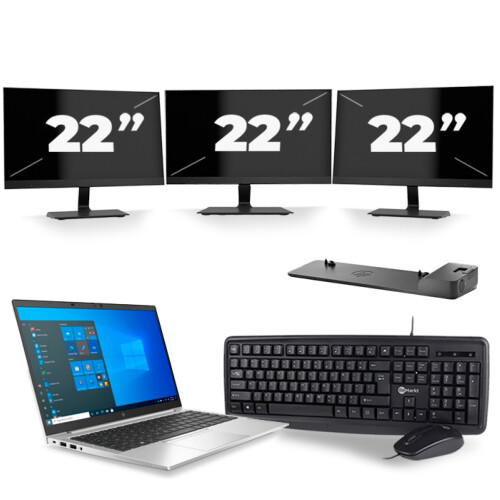 Refurbished HP EliteBook 840 G8 - Intel Core i5-11e Generatie - 14 inch - 8GB RAM - 256GB SSD - Windows 11 + 3x 22 inch Monitor