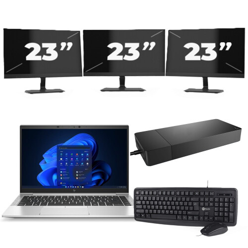 Refurbished HP EliteBook 845 G8 - AMD Ryzen 3 PRO 5400U - 14 inch - 8GB RAM - 256GB SSD - Windows 11 Home + 3x 23 inch Monitor