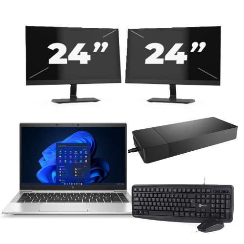 Refurbished HP EliteBook 845 G8 - AMD Ryzen 3 PRO 5400U - 14 inch - 8GB RAM - 256GB SSD - Windows 11 Home + 2x 24 inch Monitor