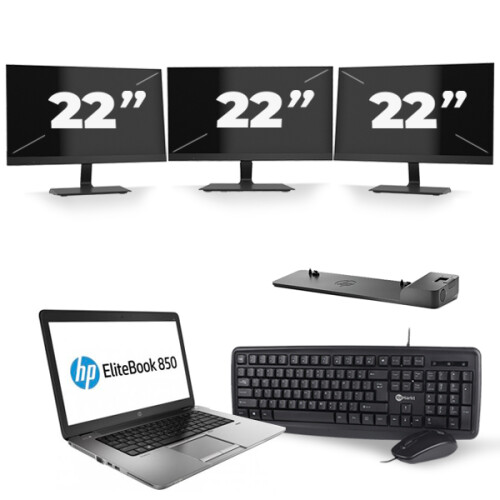 Refurbished HP EliteBook 850 G1 - Intel Core i5-4e Generatie - 15 inch - 8GB RAM - 256GB SSD - Windows 11 + 3x 22 inch Monitor