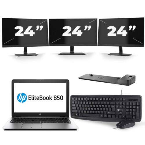 Refurbished HP EliteBook 850 G3 - Intel Core i7-6e Generatie - 15 inch - 16GB RAM - 512GB SSD - Windows 11 + 3x 24 inch Monitor