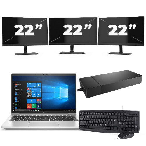 Refurbished HP ProBook 440 G8 - Intel Core i3-11e Generatie - 14 inch - 8GB RAM - 256GB SSD - Windows 11 Home + 3x 22 inch Monitor