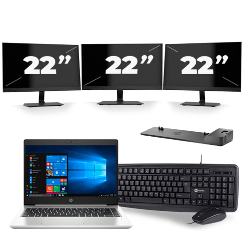 Refurbished HP ProBook 445 G7 - AMD Ryzen 3 4300U - 14 inch - 8GB RAM - 256GB SSD - Windows 10 + 3x 22 inch Monitor