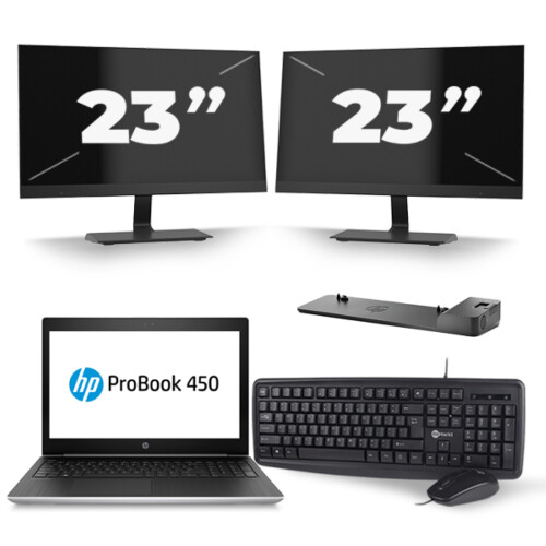 Refurbished HP ProBook 450 G5 - Intel Core i5-8e Generatie - 15 inch - 8GB RAM - 256GB SSD - Windows 11 + 2x 23 inch Monitor