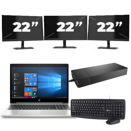 Refurbished HP ProBook 455R G6 - AMD Ryzen 5 3500U - 15 inch - 8GB RAM - 256GB SSD - Windows 10 Home + 3x 22 inch Monitor