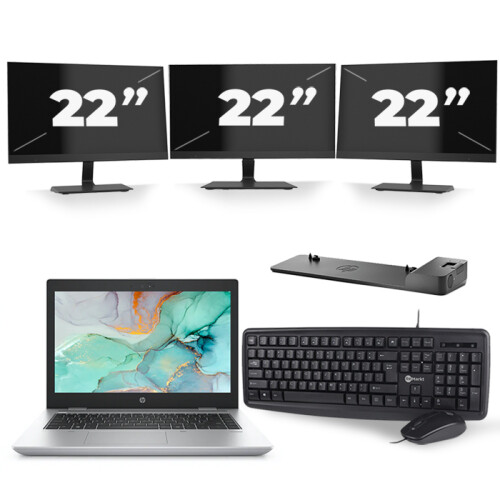 Refurbished HP ProBook 645 G4 - AMD Ryzen 5 2500U - 14 inch - 8GB RAM - 256GB SSD - Windows 10 + 3x 22 inch Monitor