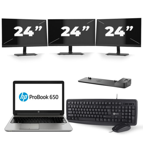 Refurbished HP ProBook 650 G3 - Intel Core i5-7e Generatie - 15 inch - 8GB RAM - 256GB SSD - Windows 11 + 3x 24 inch Monitor