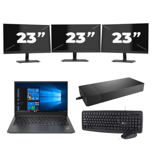 Refurbished Lenovo Thinkpad E14 G2 - Intel Core i3-11e Generatie - 14 inch - 8GB RAM - 256GB SSD - Windows 11 Home + 3x 23 inch Monitor