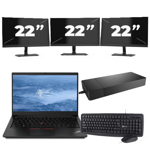 Refurbished Lenovo ThinkPad E14 - Intel Core i3-10e Generatie - 14 inch - 8GB RAM - 256GB SSD - Windows 11 + 3x 22 inch Monitor