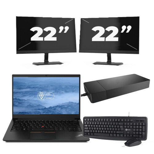 Refurbished Lenovo ThinkPad E14 - Intel Core i3-10e Generatie - 14 inch - 8GB RAM - 256GB SSD - Windows 11 + 2x 22 inch Monitor