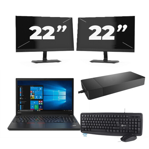 Refurbished Lenovo ThinkPad E15 - Intel Core i3-10e Generatie - 15 inch - 8GB RAM - 256GB SSD - Windows 11 + 2x 22 inch Monitor