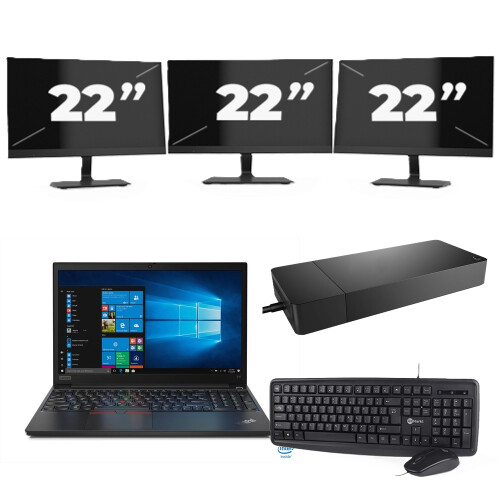 Refurbished Lenovo ThinkPad E15 - Intel Core i3-10e Generatie - 15 inch - 8GB RAM - 256GB SSD - Windows 11 + 3x 22 inch Monitor