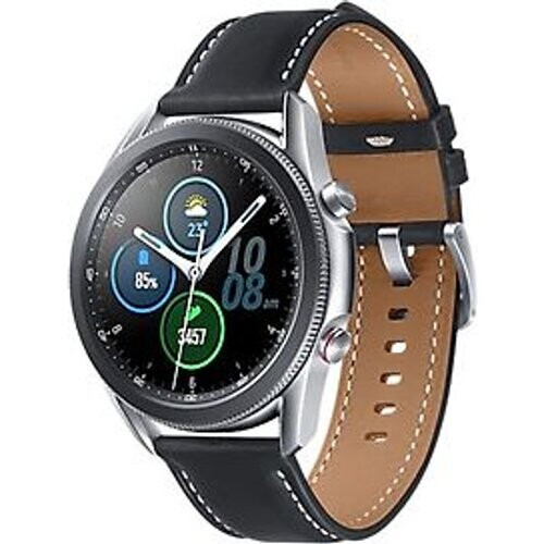 Refurbished Samsung Galaxy Watch3 45 mm roestvrijstalen behuizing zilver met zwarte leren polsband [Wifi]