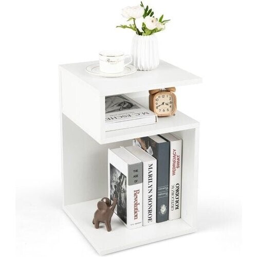Tweedekans Bijzettafel 'S'-Vormige Woonkamerbank Bijzettafel met 2 Open Kluisjes Kleine Salontafel met Geometrisch Design Wit