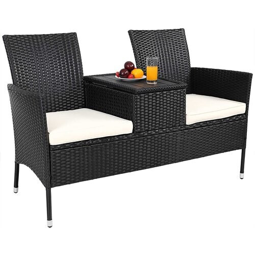 Tweedekans Casaria Tuinbank Polyrattan – 2 Zitter Incl. Tafel & Kussens – Zwart