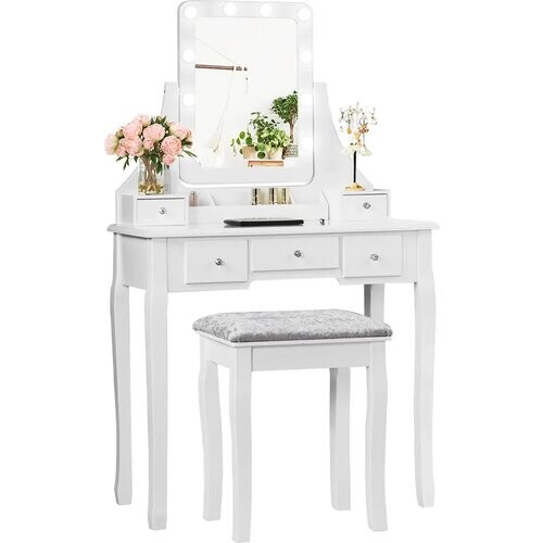 Tweedekans Coast ijdelheid ingesteld met rechthoekige spiegel- en ontlastingskaptafel 80 x 40 x 135,5 cm wit