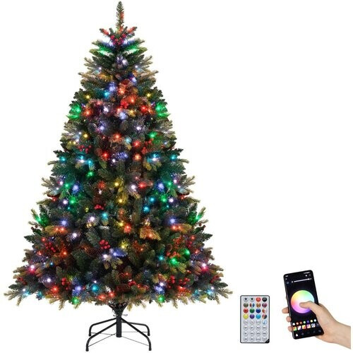 Tweedekans Coast Kunstmatige Kerstboom 180 cm Groen – 118 cm Diameter – 370 RGB APP-gestuurde LED-lampjes – Met Dennenkegels en Rode Bessen