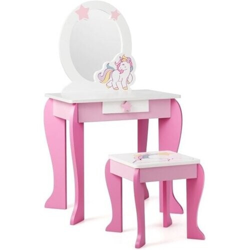 Tweedekans Coast Make-Up Tafel met Spiegel en Lade - Inclusief Krukje - 49,5 x 35,5 x 89 cm - Wit+Roze