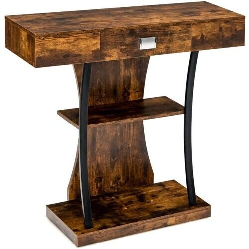Tweedekans Coast - T-vormige Consoletafel met Laden - 2 Planken - Industrieel Design - Rustiek Bruin