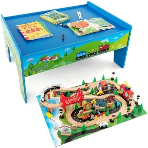 Tweedekans Coast Treinspeelset met Houten Tafel - 80 Delig - Dubbelzijdig Bord - 82,5 x 60 x 40 cm - MDF/Massief Hout
