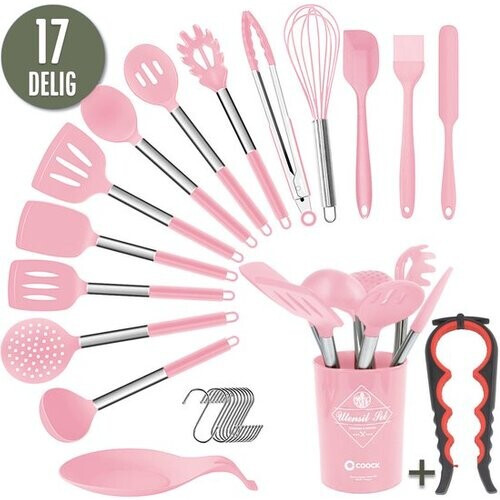 Tweedekans COOCK Siliconen Keukengerei Set met Houder XL - Kookgerei Set 26 delig - BPA-Vrij & Plastic Vrij - Ophangbaar - Incl. Opener - Roze
