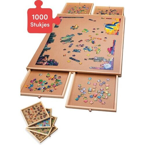 Tweedekans Diydash - Puzzelbord & Puzzeltafel - 1000 Stukjes - 83 x 64 cm - Met 4 Sorteerlades & Opbergsysteem - Puzzelplank - Hout - Bruin