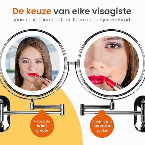 Tweedekans Goliving Make Up Spiegel Met Verlichting - Ø25 cm - 10x Vergroting - Dimbare Make-upspiegel - Scheerspiegel - LED Verlichting - USB-C Oplaadbaar - Dubbelzijdig - 27 x 27 cm - Chroom