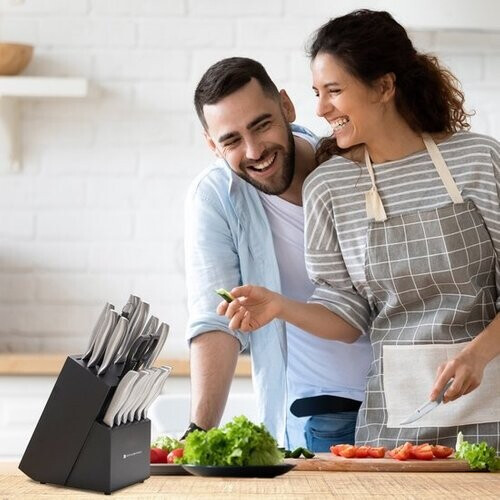 Tweedekans KitchenBrothers Messenset - Messenblok - 16-Delig - met Schaar en Aanzetstaal - Zilver/ RVS