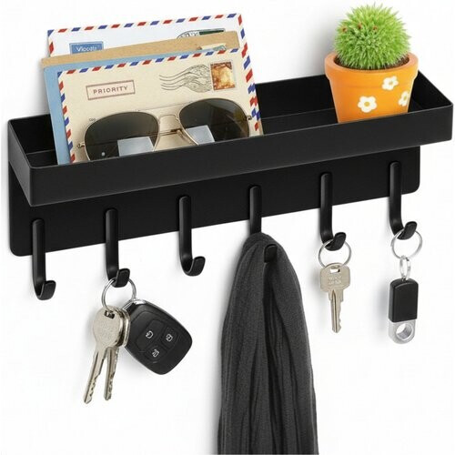 Tweedekans Luft Sleutelhouder met Plank - 6 Haken - Kapstok - Organizer - Muur - Industrieel - Zwart