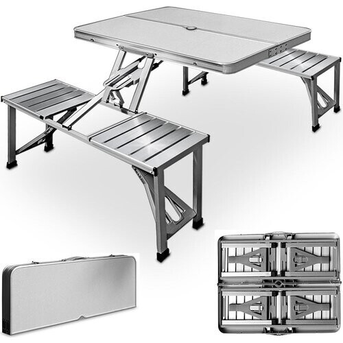 Tweedekans Picknick tafel Campingtafel - Blad van hout en zitting aluminium - voor 4 personen - Wit - 85,5 x 67,5 x 66cm