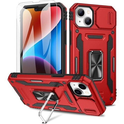 Tweedekans Podec Hoesje geschikt voor iPhone 14 Rood Telefoonhoesje - Anti-Shock Case Cover Hybrid Armor Hoes met Kickstand Ring met Screenprotector