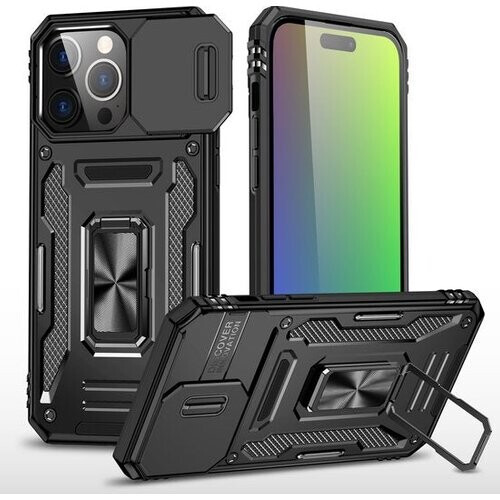 Tweedekans Podec Hoesje geschikt voor iPhone 15 Pro Max Zwart Telefoonhoesje - Anti-Shock Case Cover Hybrid Armor Hoes met Kickstand Ring met Screenprotector