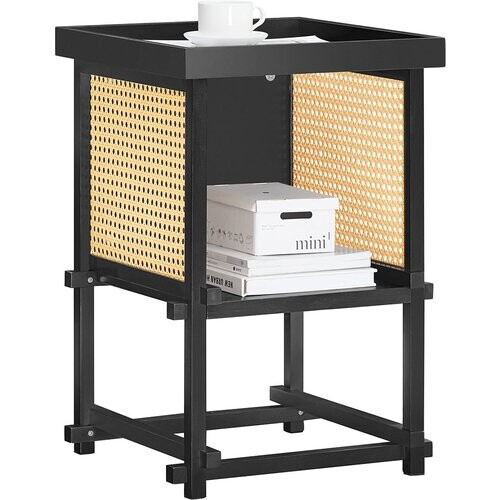 Tweedekans SoBuy bijzettafel HFBT03-SCH - 40×40×60 cm - zwart–geel - bamboe frame & open opbergvak