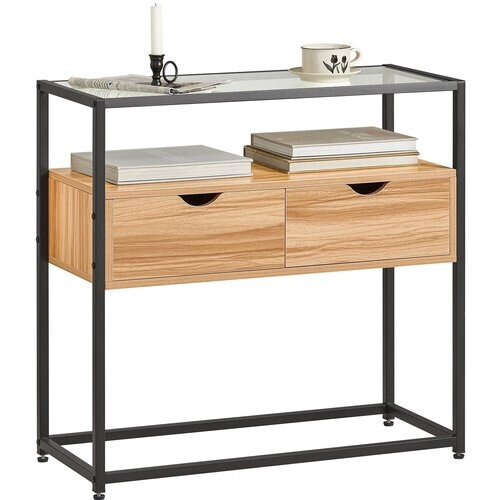 Tweedekans SoBuy Bijzettafel met Glazen plaat - Met 2 Lades - Max. 40 kg - 81 x 35 x 78 cm - Hout/ Ijzer