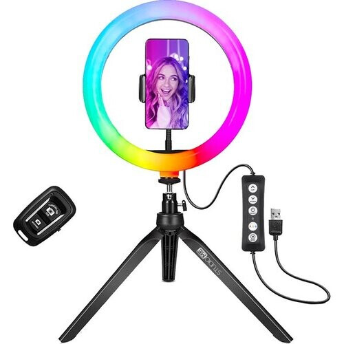 Tweedekans Studio ME Multi Kleuren Ringlamp met Statief - 10 inch/25 cm - RGB Lamp - Ringlight met statief - Bluetooth - Telefoonhouder - Afstandsbediening - USB - TikTok Lamp - Ring Light